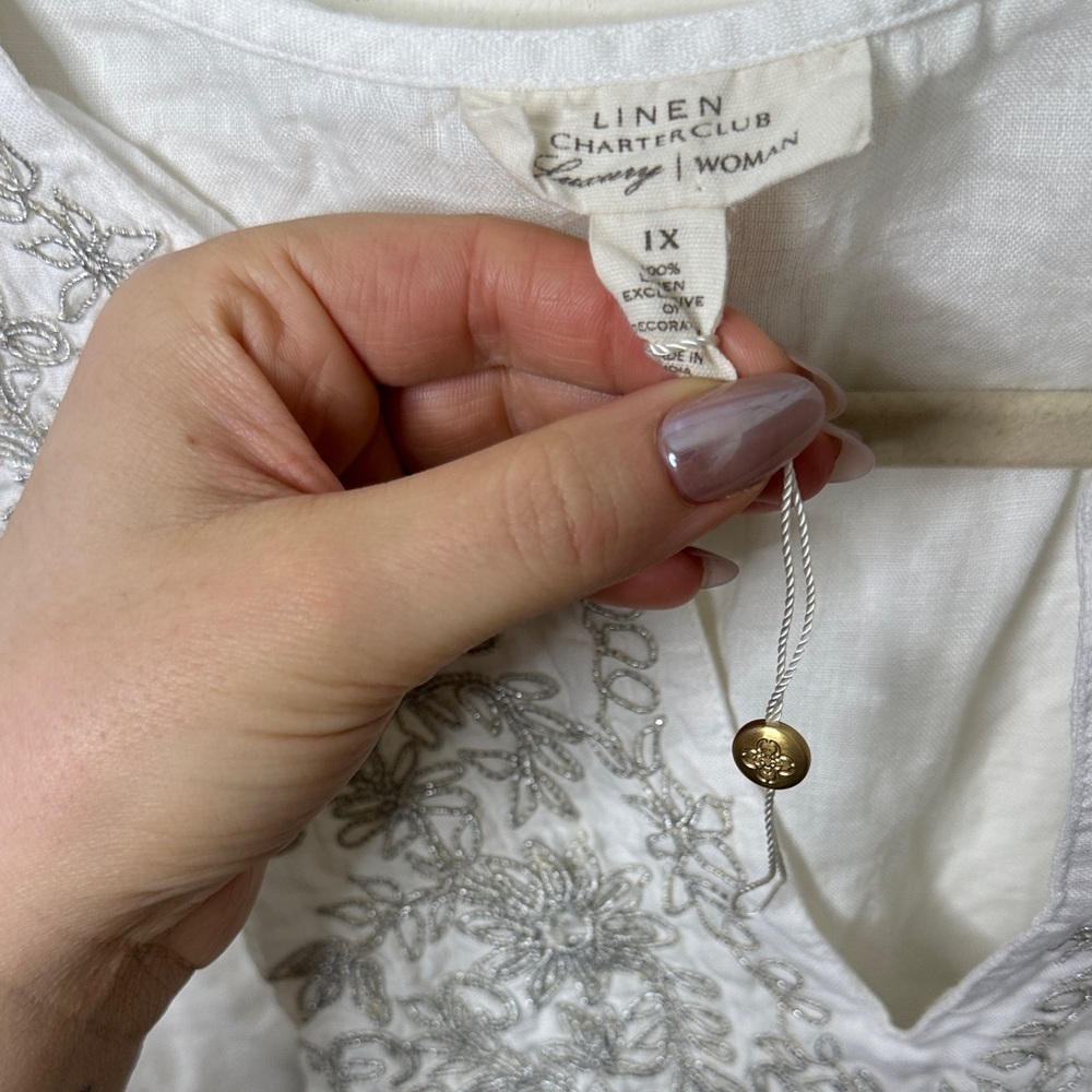 Charter Club Silver Embroidered 100% Linen Top - Picture 2 of 7